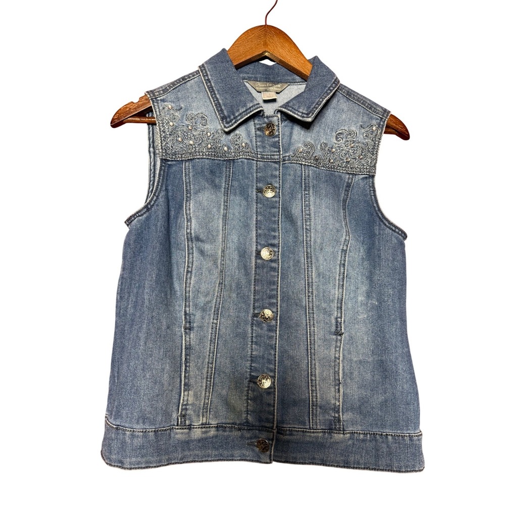 Premium Denim Christopher & Banks Women Small Rhinestone Sleeveless Denim Vest